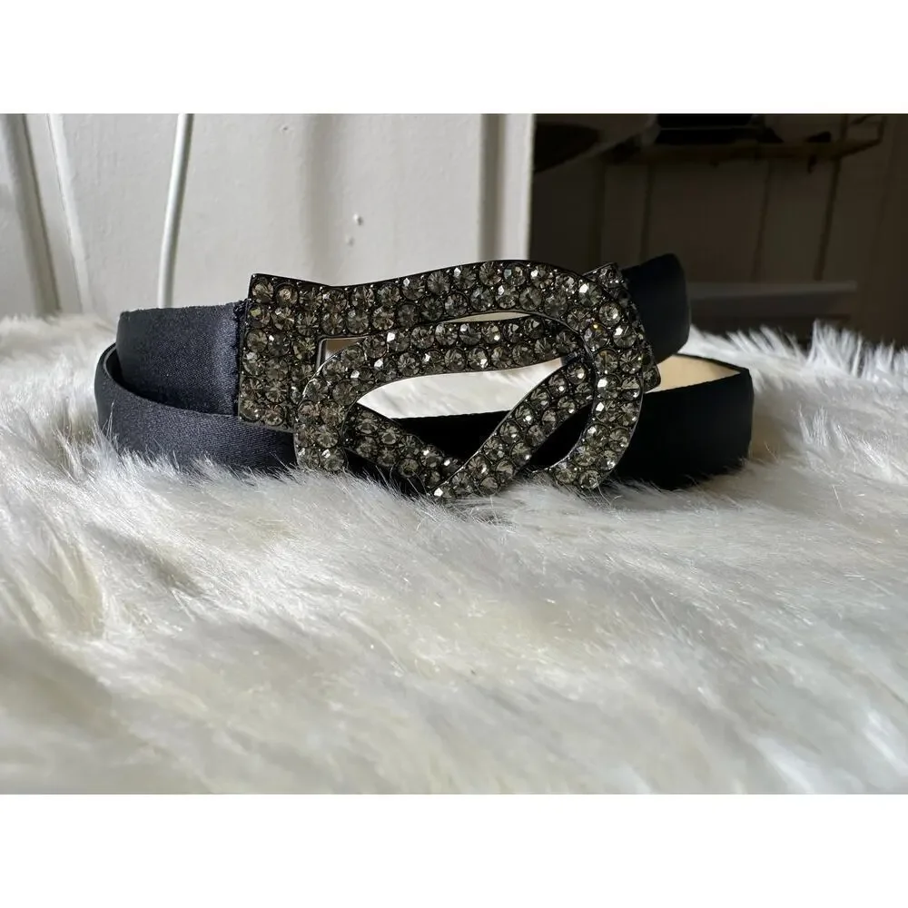 Talbots Black Leather Belt with Rhinestone Infinity Buckle